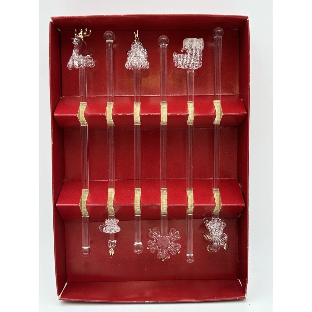 Vintage‎ Christmas Glass Swizzle Sticks Boston Warehouse Set of (6) 2002
